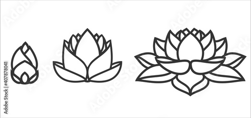 Set of silhouette lotus flower in minimal geometric style isolated on white background. Abstract modern design element. Vector illustration.