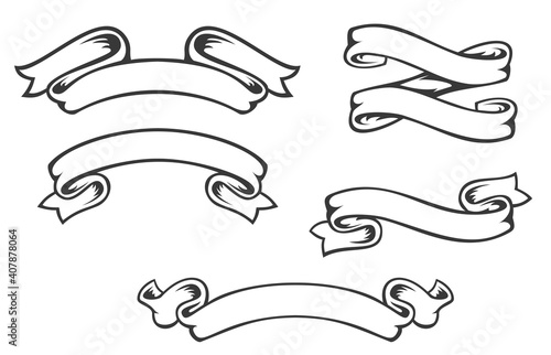 Set of hand drawn vintage ribbons isolated on white background. Decorative design element for banner, menu background. Vector object.