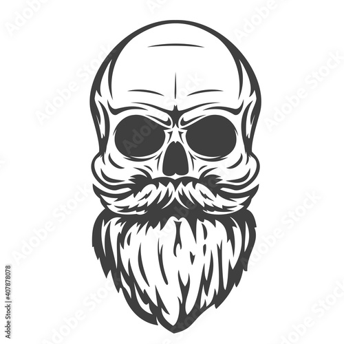 Hand drawn skull with mustache and beard in cartoon vintage style isolated on white background. Design element for print, poster, cover. Vector illustration. © cgterminal