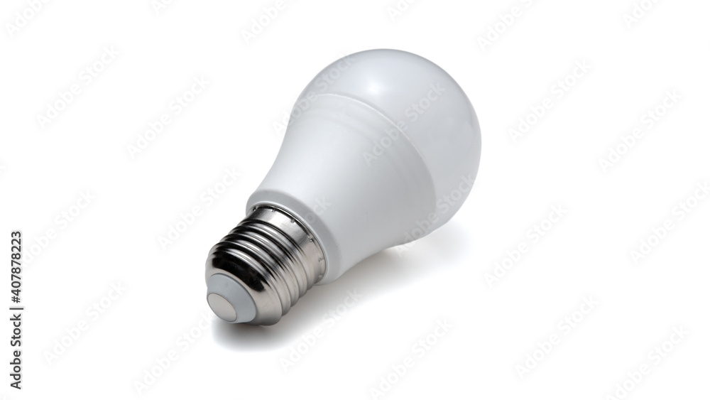 LED lamp with E27 screw base isolated on white background. Close-up photo of single object. Home energy saving concept. LED lamp with E27 screw base isolated on white background. Close-up photo of single object. Home energy saving concept.