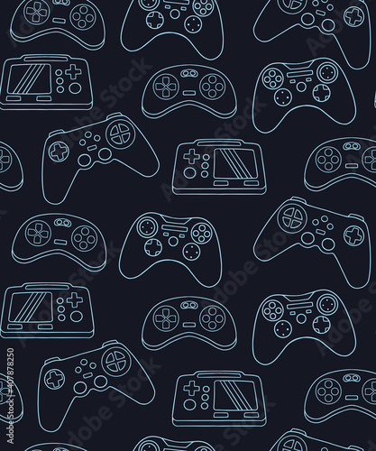 Fotografie, Obraz Vector Seamless pattern with joysticks gamepad  illustration and slogan text, for t-shirt prints and other uses