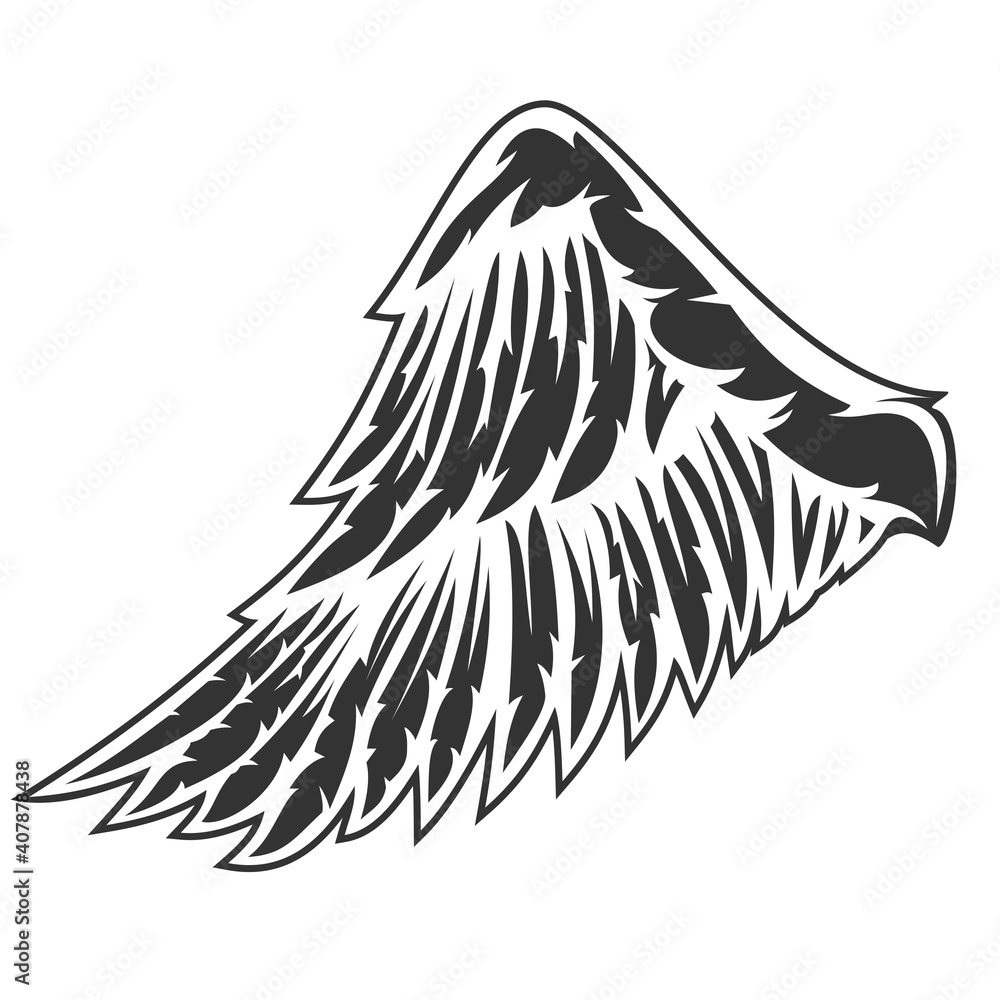 Hand drawn wing with feathers isolated on white background. Cartoon design element for tattoo, label, branding. Vintage vector illustration.