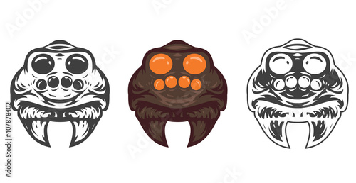Cartoon hand drawn spider head isolated on white background. Design minimalistic element for logo, badge, icon. Vector illustration.