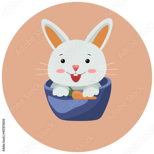 Smiling bunny in a cup on a round background