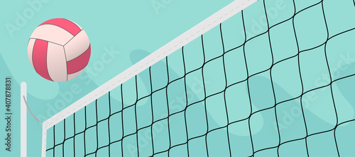 colorful volleyball ball crossing the net in the open field