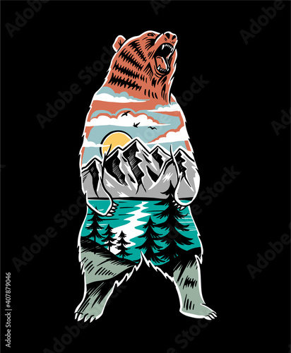 Vector illustration of a bear with a mountain landscape. For t-shirt prints, posters, and other uses.