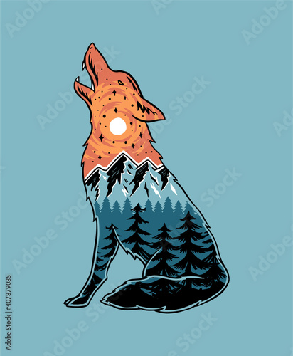 Vector illustration of a howling wolf with a mountain landscape. For t-shirt prints, posters, and other uses.