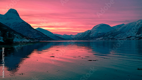 sunset over the mountains in norway