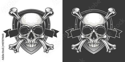 Traditional Jolly Roger design. Vector illustration of human skull with crossbones on shield banner with ribbon in engraving technique isolated on white background. 
