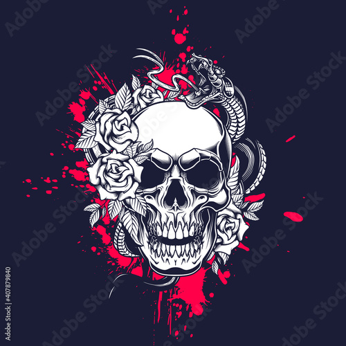 Skull poster design. Vector illustration of human skull with roses, snake and ink splash in engraving technique on black background. 
