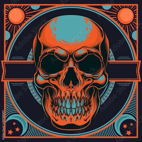 Skull design. Vector illustration of human skull with celestial bodies design frames in engraving technique isolated on black background. 