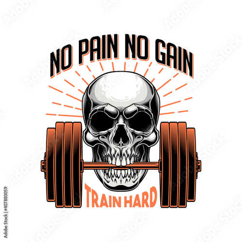 "No pain no gain, train hard" - print design. Vector illustration of human skull holding dumbbell in his mouth in engraving technique isolated on white background. 