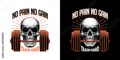 "No pain no gain, train hard" - print design. Vector illustration of human skull holding dumbbell in his mouth in engraving technique isolated on white background. 