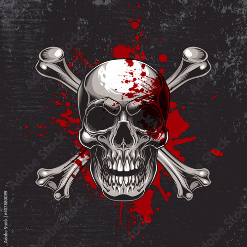 Traditional Jolly Roger design. Vector illustration of human skull with crossbones and red ink splash in engraving technique isolated on black grunge background. 