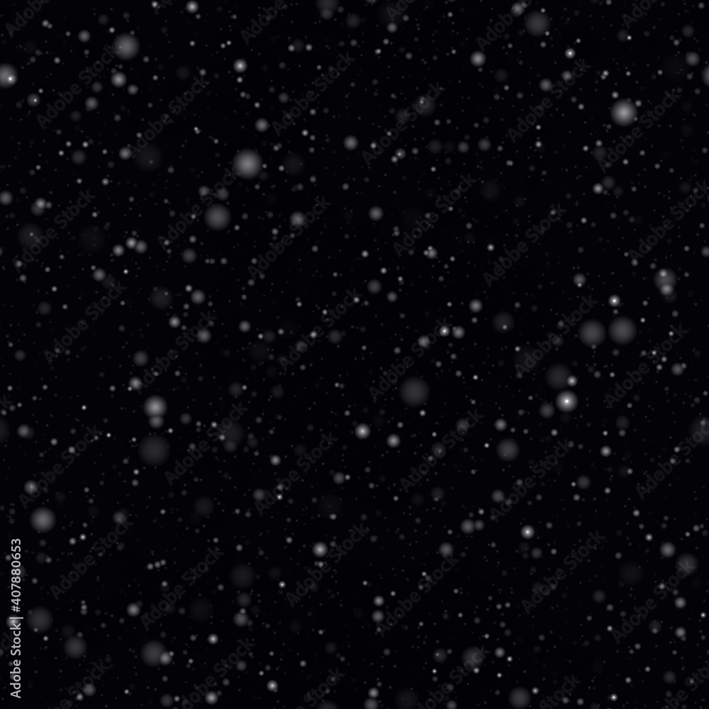 Bright Glowing Spots Seamless Pattern, First Snow Fall on Dark background of Night Sky.