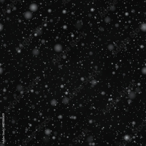 White Snow Falling over Dark Background. Night Winter Illustration. Seamless Snowfall Texture