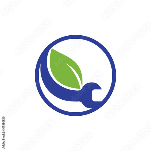 Wrench leaf vector logo design template. Mechanic logo design concept vector.  