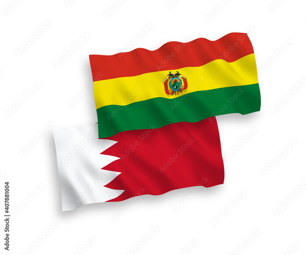Obraz premium National vector fabric wave flags of Bolivia and Bahrain isolated on white background. 1 to 2 proportion.
