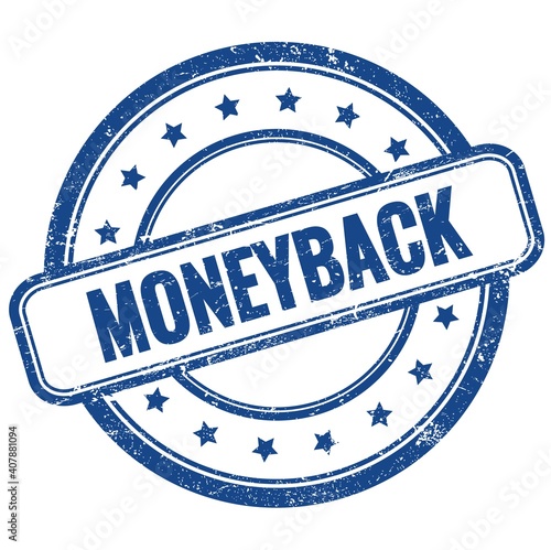 MONEYBACK text on blue grungy round rubber stamp. photo