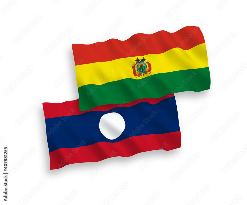 Obraz premium National vector fabric wave flags of Bolivia and Laos isolated on white background. 1 to 2 proportion.