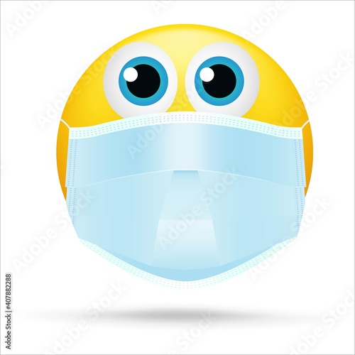 Emoji with mouth mask - yellow face with open eyes wearing a white surgical mask, Emoji wearing a face mask, yellow emoji with face mask