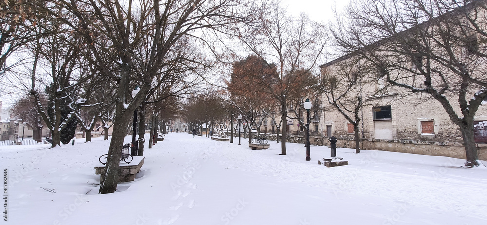 Snow-covered park and walks.