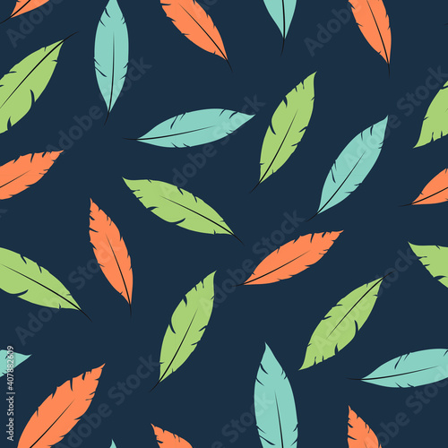 Colorful cartoon feathers on dark background seamless pattern