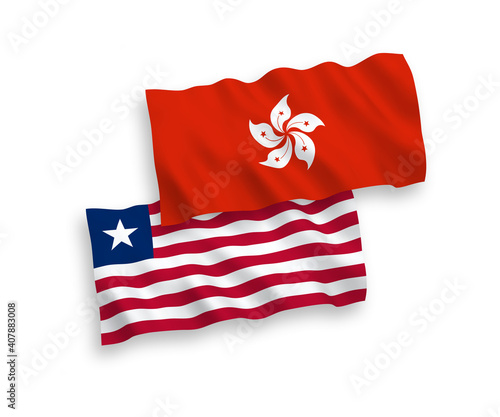 National vector fabric wave flags of Liberia and Hong Kong isolated on white background. 1 to 2 proportion.