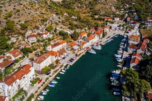 Bobovisca Na Moru village aerial view, Island of Brac, Dalmatia, Croatia. August 2020