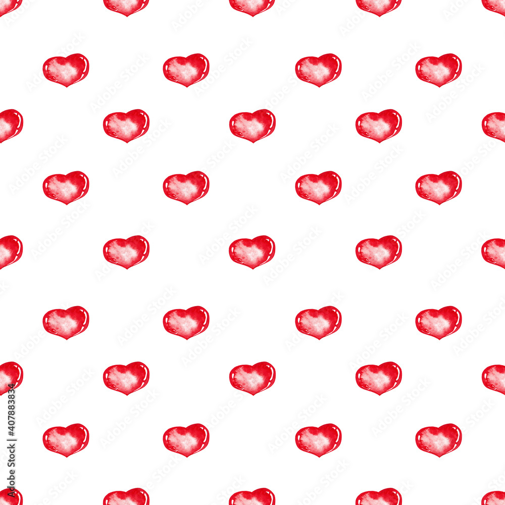 Seamless pattern of red candy hearts. Symbol of Valentine's Day. Birthday card backdrop, wrapping paper and wedding texture. Watercolor isolated elements on white background.