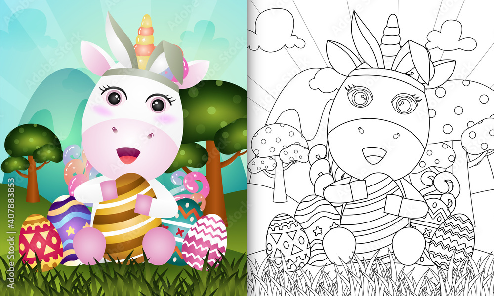 Fototapeta premium coloring book for kids themed easter with a cute unicorn using bunny ears headbands hugging eggs