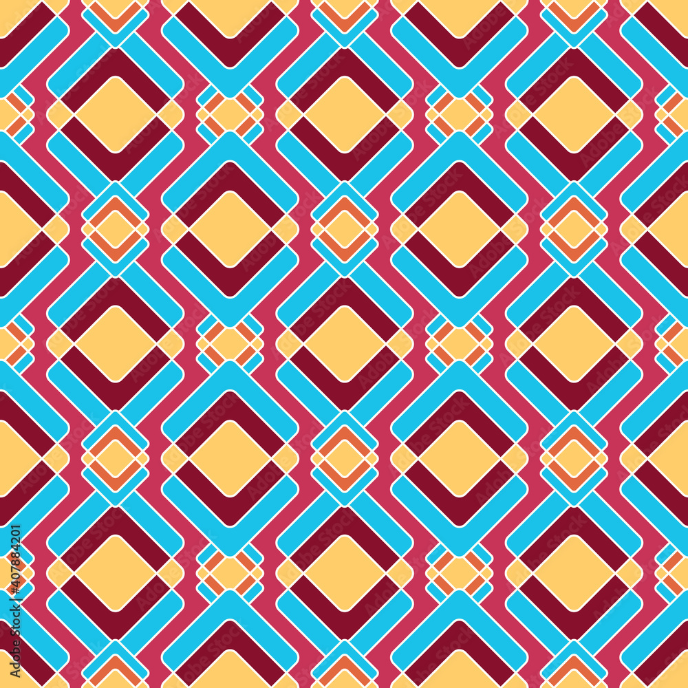 Bright rhombuses in oriental style, seamless geometric pattern in red, blue and yellow colors, on a raspberry background. Bright rhombuses in oriental style, seamless geometric pattern in red, blue and yellow colors, on a raspberry background.