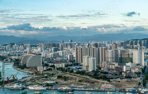 Aerial photography of Sanya island scenery and modern architecture