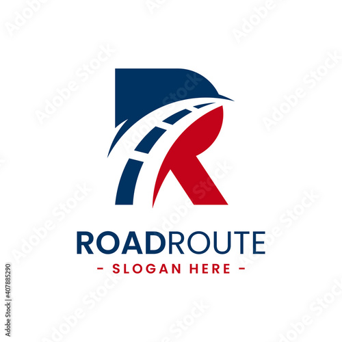 Letter R for road route logo design template. Concept of destination, address, position, travel, gps map, etc. Creative vector symbol highway.