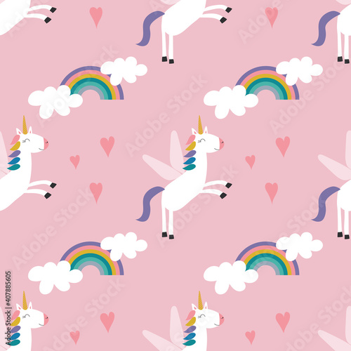 Fototapeta Naklejka Na Ścianę i Meble -  Seamless pattern of unicorns, rainbows, and hearts on a pink background.