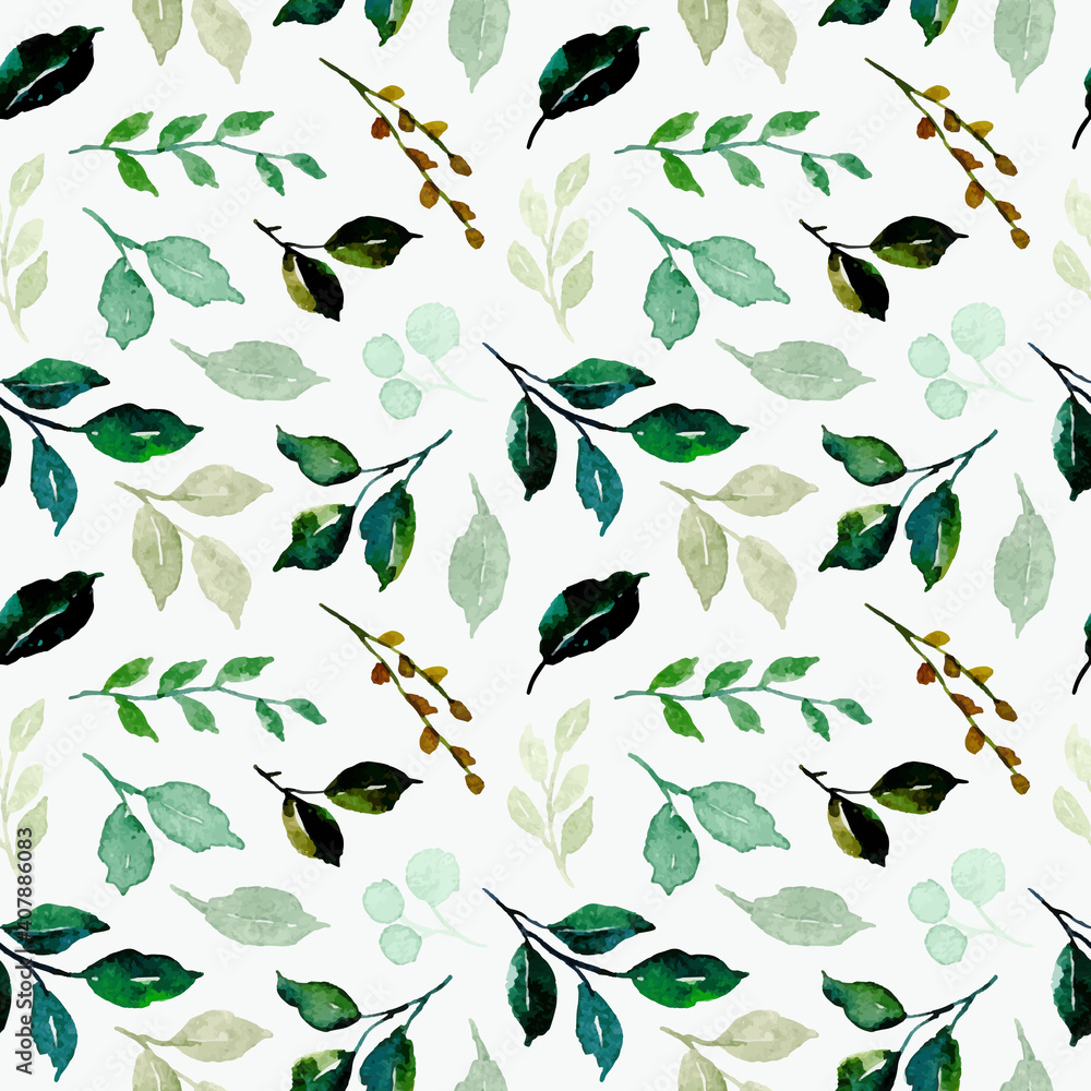 Fototapeta premium Green leaves watercolor seamless pattern
