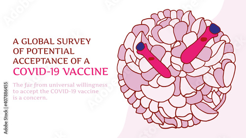 Coronavirus vaccination. A flower with a two Ampoules. Website header or banner in Colored Doodle style. A global survey of potential acceptance of a COVID-19 vaccine. Vector EPS 10