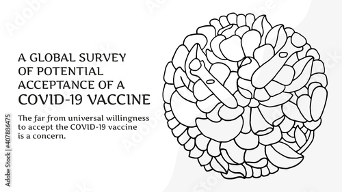 Coronavirus vaccination. A flower with a two Ampoules. Website header or banner in Doodle style. A global survey of potential acceptance of a COVID-19 vaccine. Vector EPS 10