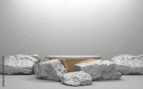 Fototapeta Naklejka Na Ścianę i Meble -  White Rock stones on podium geometric for Product presentation. 3D rendering