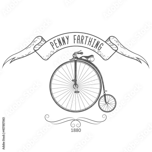 Penny-farthing bicycle vintage emblem, retro bike with large front wheel of 1890s, vector