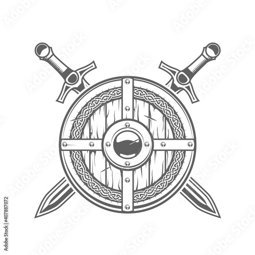 Round viking shield with celtic pattern and two crossed swords, medieval knight emblem with armor, vector