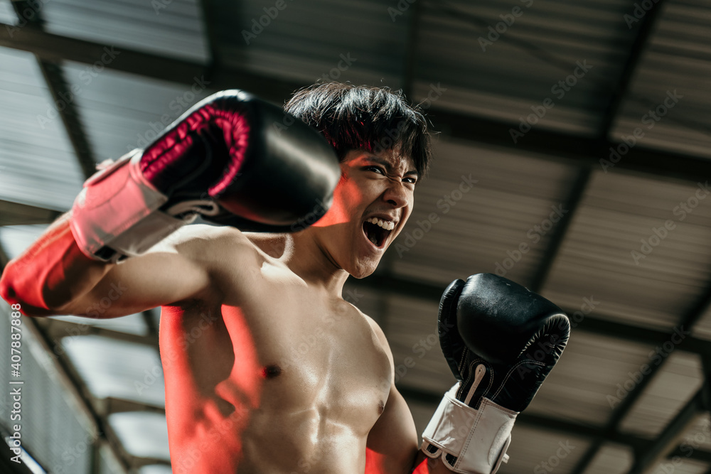 Boxer staring angry with the copyspace, mean and sweat showing strength on boxing ring background Boxer staring angry with the copyspace, mean and sweat showing strength on boxing ring background