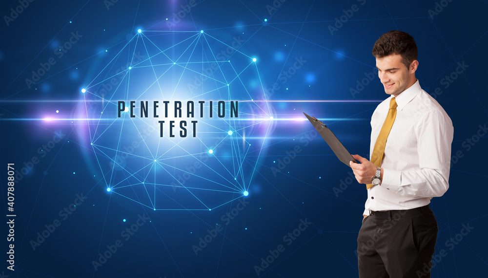 Businessman thinking about security solutions with PENETRATION TEST inscription Businessman thinking about security solutions with PENETRATION TEST inscription