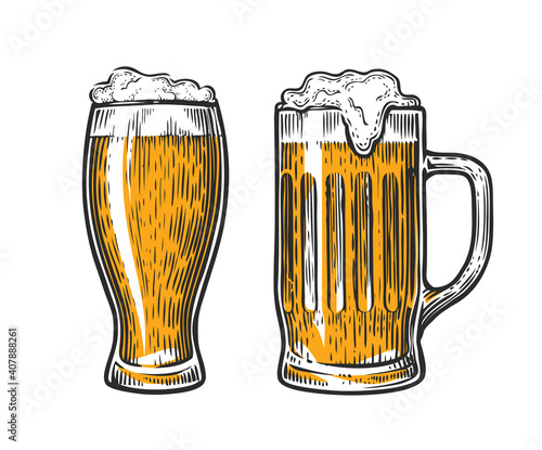 Beer in glass mug with foam. Hand drawn vector illustration