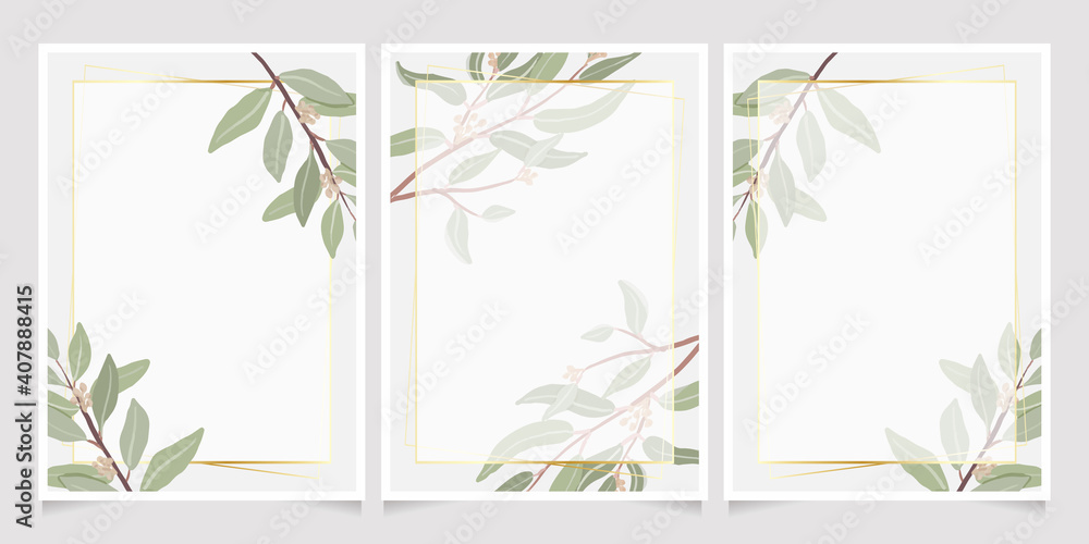beautiful minimal seeded eucalyptus leaves with golden frame background for birthday or wedding invitation card template collection