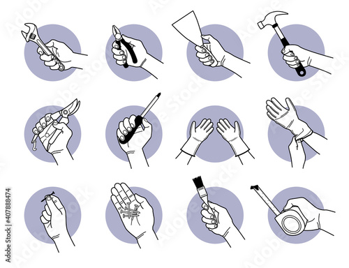 Hand holding work tools equipment. Vector illustrations of hand holding spanner, pliers, trowel, hammer, secateurs, screwdriver,  wearing gloves, screw, nail, paintbrush, and measurement tape.