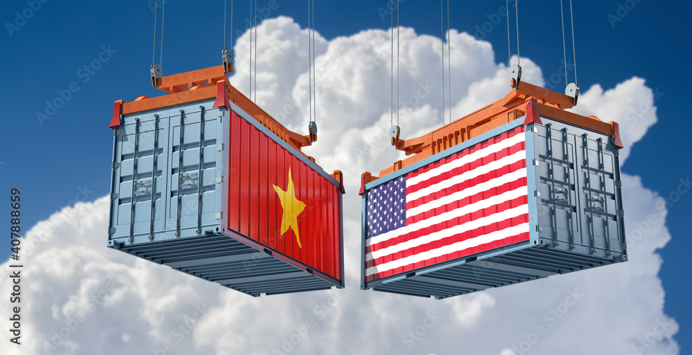 Freight containers with Vietnam and USA flag. 3D Rendering 