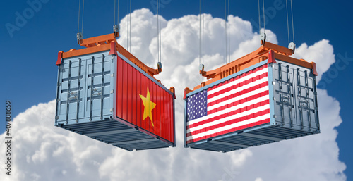 Freight containers with Vietnam and USA flag. 3D Rendering 