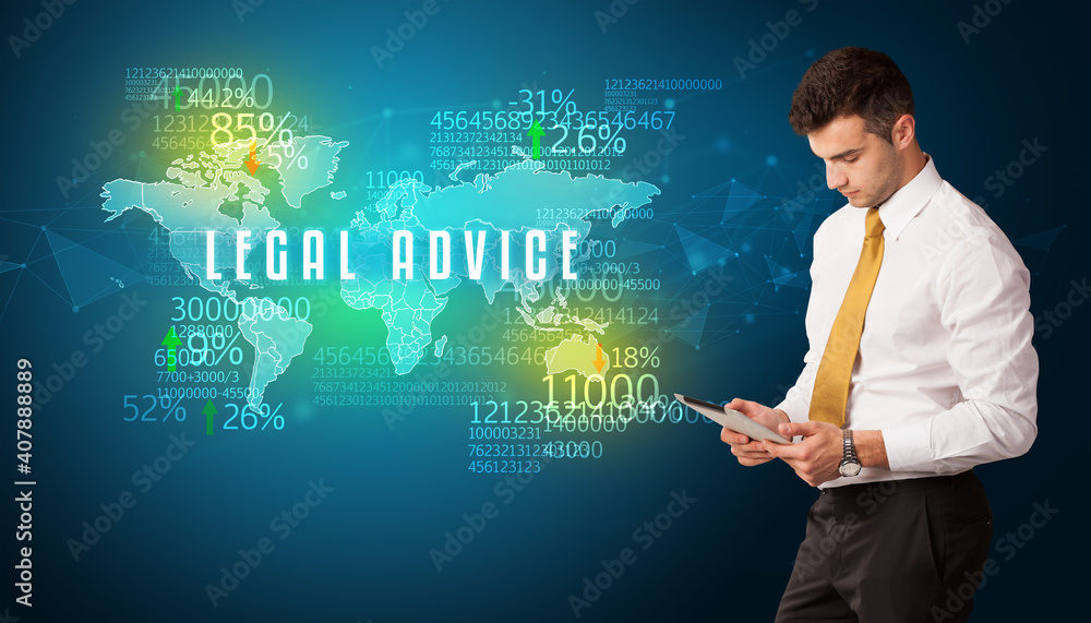 Businessman in front of a decision with LEGAL ADVICE inscription, business concept Businessman in front of a decision with LEGAL ADVICE inscription, business concept