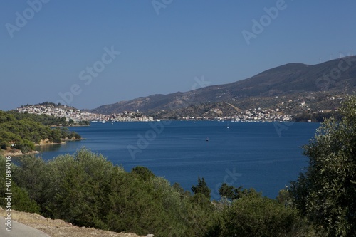 Beautiful nature in summer and blue sea on the island of Poros. Greece